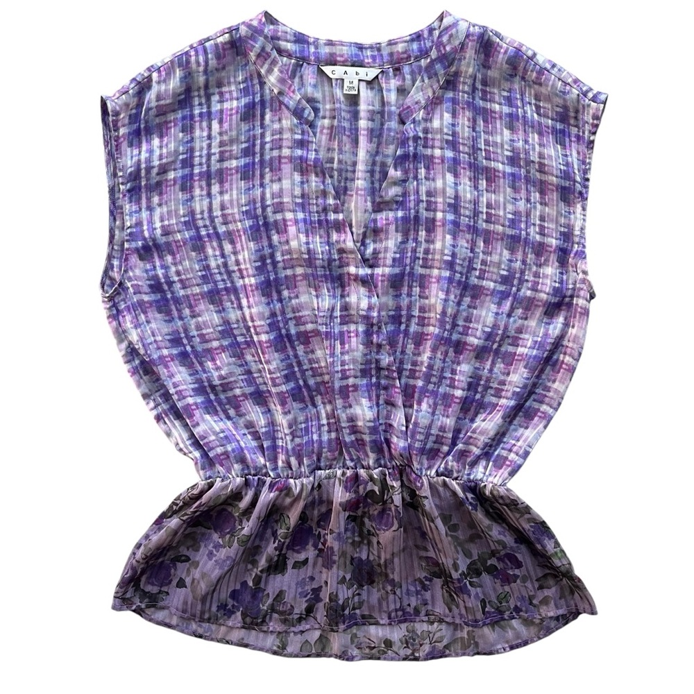 Cabi Women’s M Purple Plaid Floral Sheer Eva V-Neck Peplum Sleeveless Blouse 731